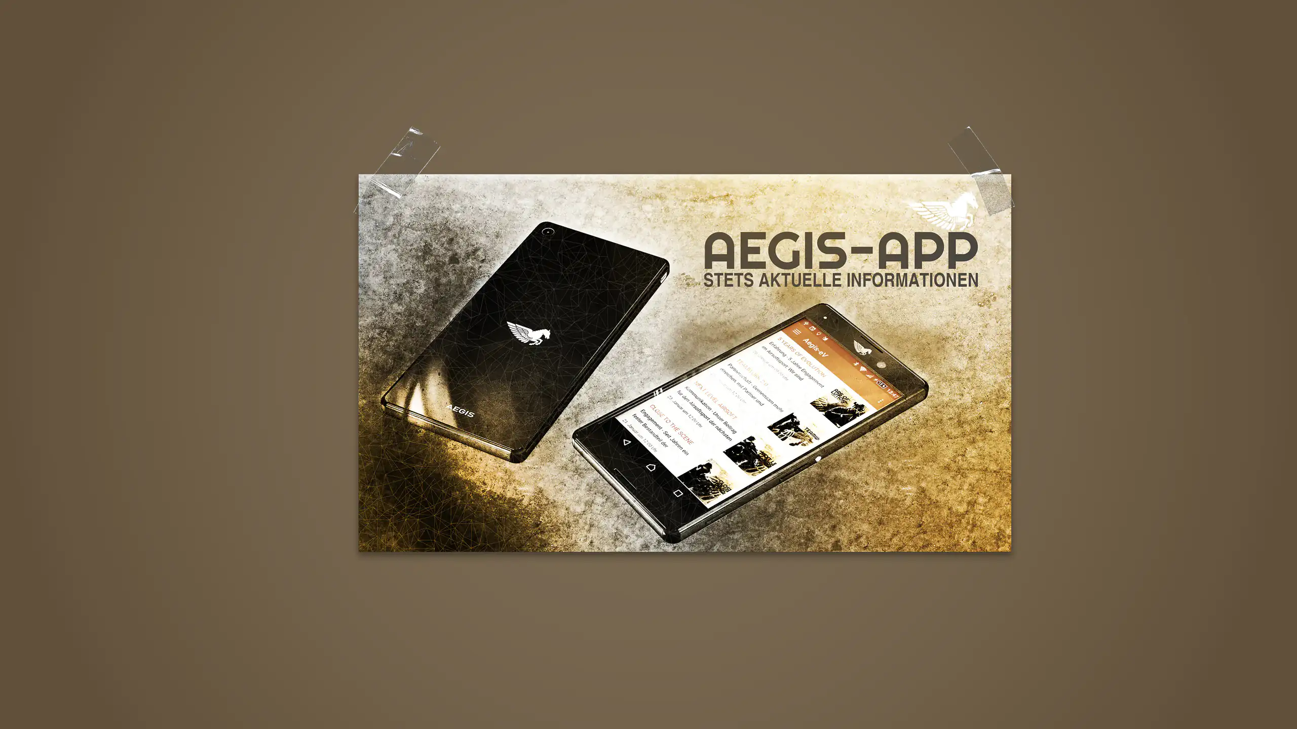 Postermotiv zum Thema Aegis-App mit 3d-Rendering von 2 Smartphones, auf dem das Aegis-Logo bzw. die App zu sehen ist. Das Ganze ist auf graubraunem Hintergrund.