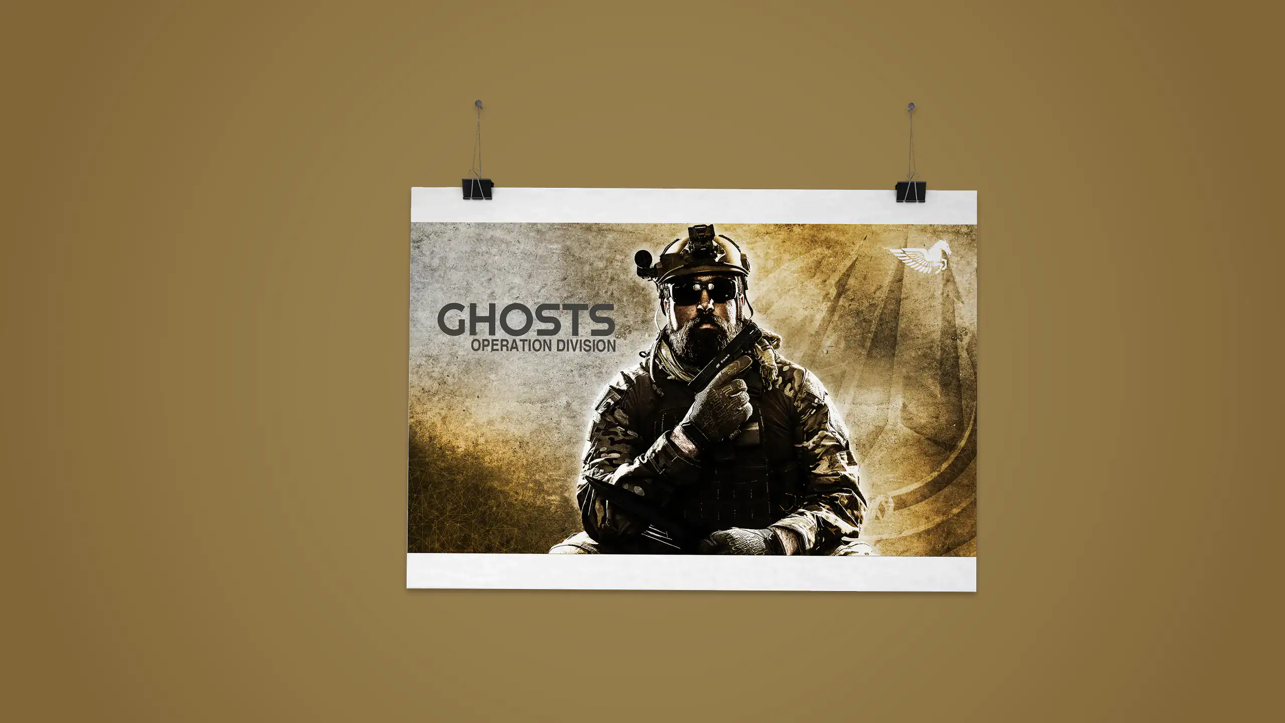 Postermotiv des Aegis e.V.-Spielers "Ghost" auf braunem Hintergrund