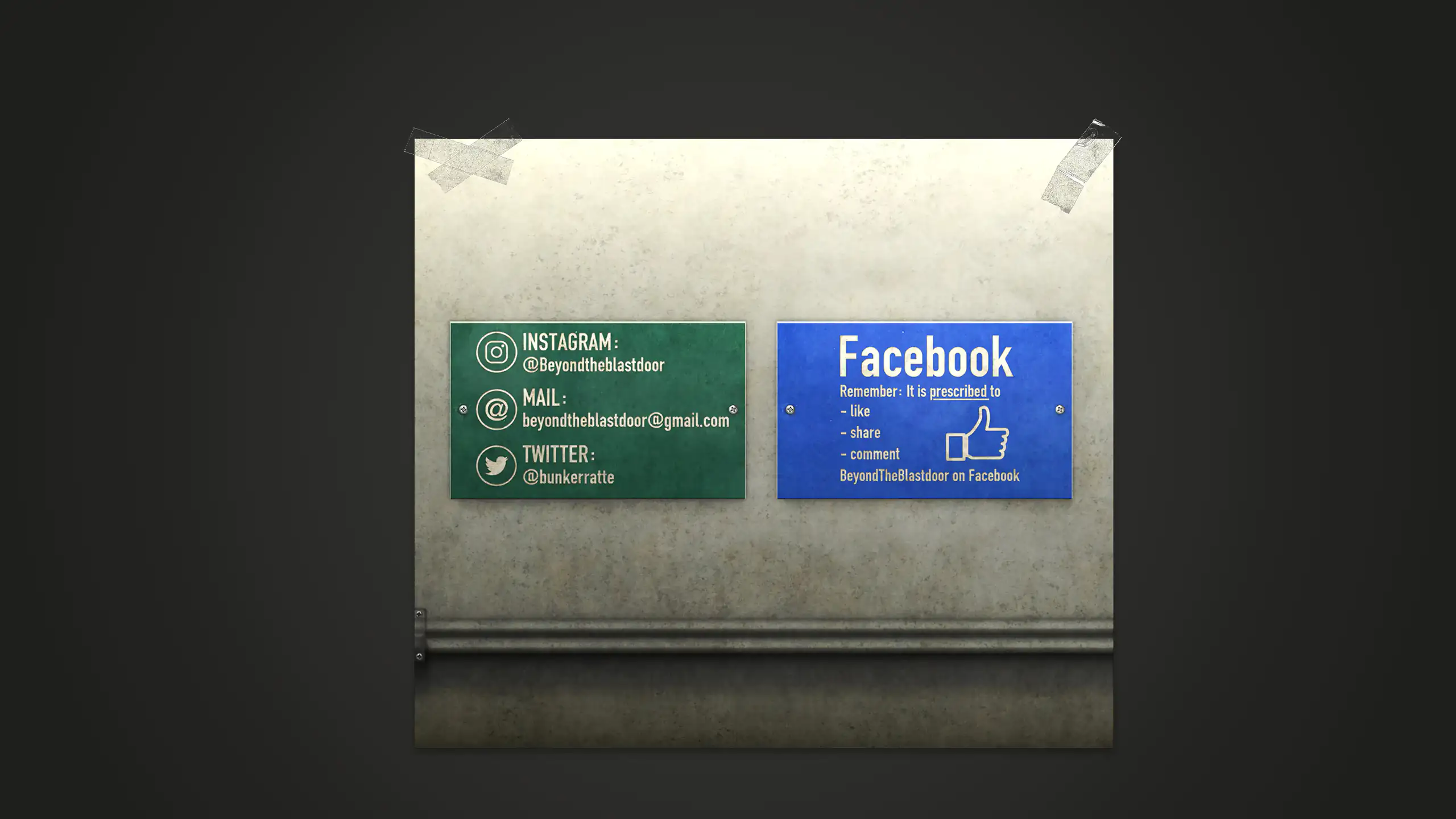 Grafik des Projektes "Beyond the Blastdoor" mit den Social Media-Kanälen als Schilder an einer Betonwand, auf dunkelgrauen Hintergrund