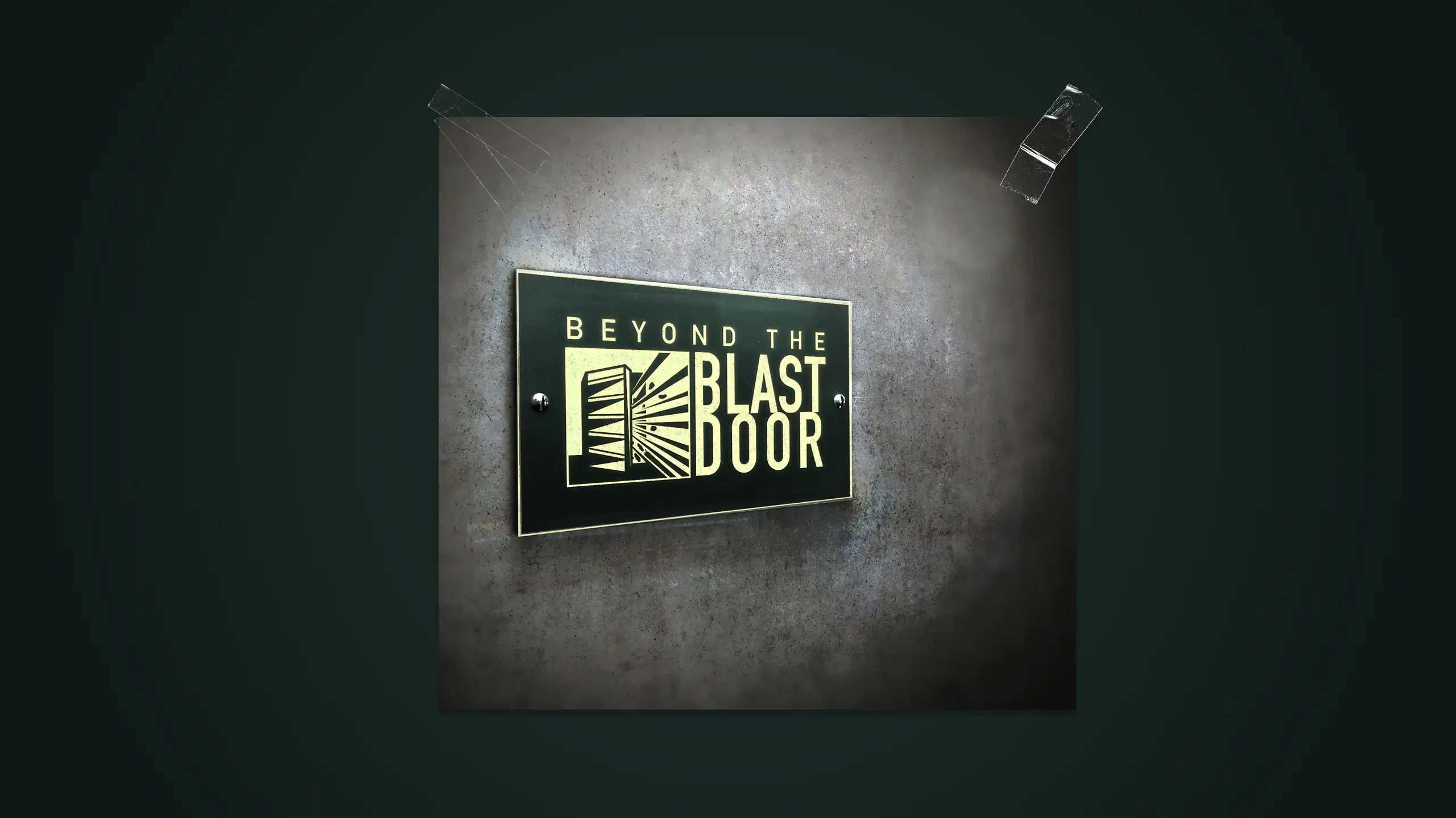 Leuchtendes Logo des Projektes "Beyond the Blastdoor" auf dunkelgrünem Hintergrund