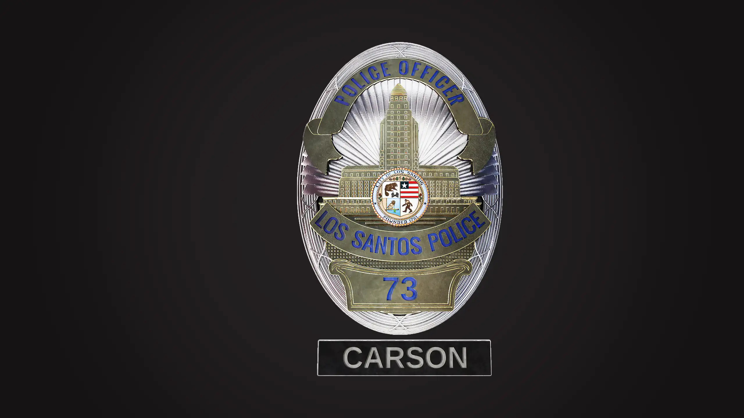 3D-Rendering einer fiktiven Polizeimarke der Los Santos Police mit der Dienstnummer 73 und dem Namen "Carson"