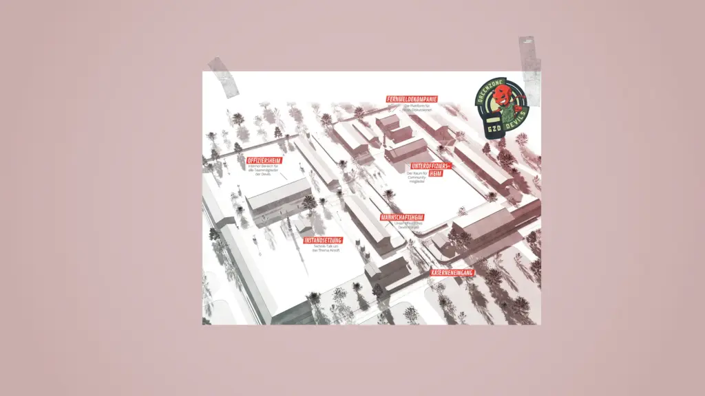 Postmotiv des Airsoft-Teams Greenzone Devils" mit 3D-Visualisierung einer Kaserne auf rosefarbenen Hintergrund