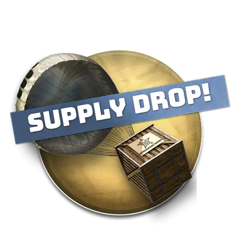 Grafik des Streamers Handgranaten Billy im Vintage-Stil mit dem Text "Supply Drop!", im Hintergrund eine Kiste, die mit einem Fallschirm abgeworfen wurde