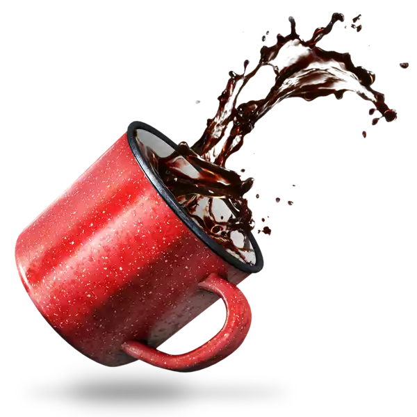 3D-Illustration einer roten Kaffeetasse, aus der Kaffee schwappt