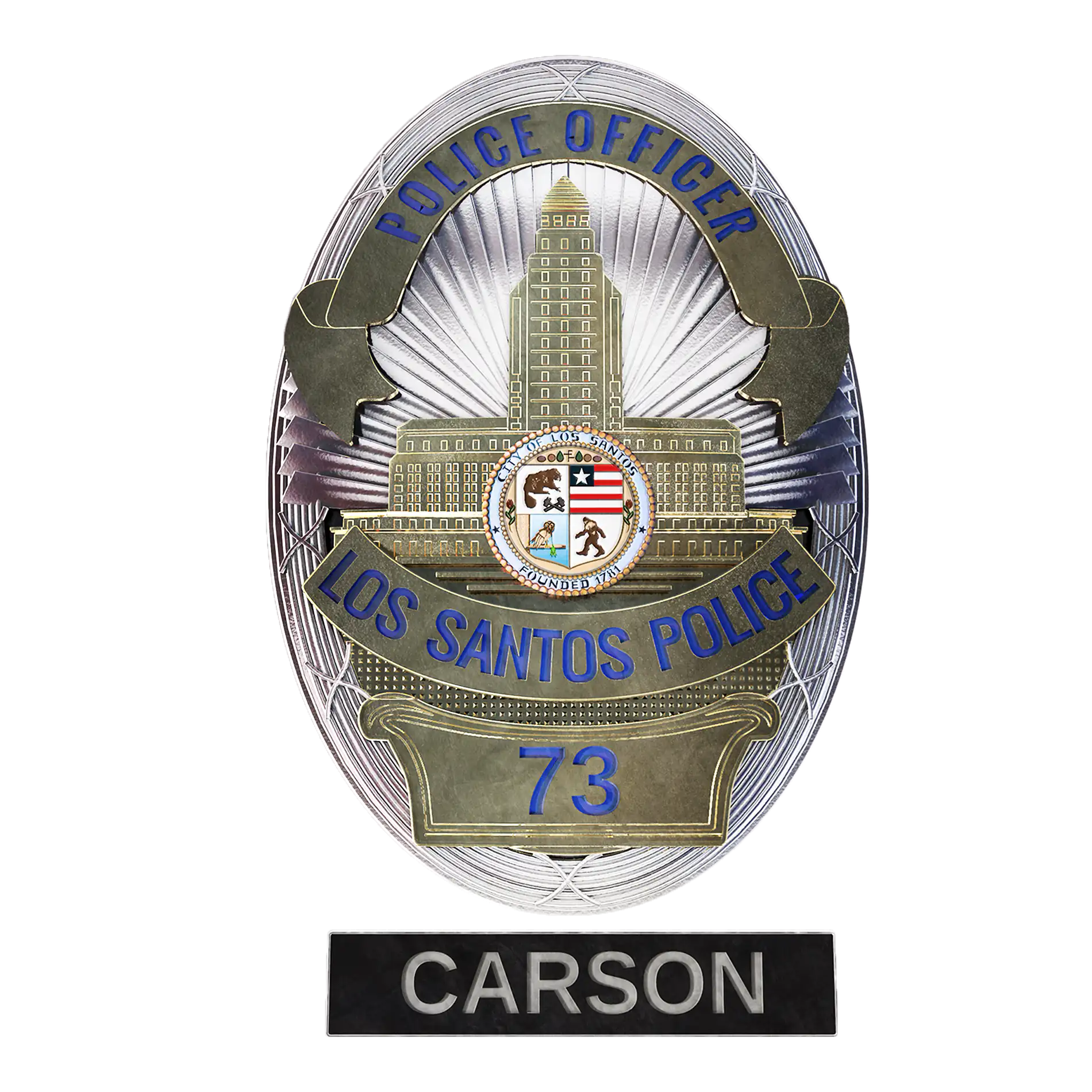 3D-Rendering einer fiktiven Polizeimarke der Los Santos Police mit der Dienstnummer 73 und dem Namen "Carson"