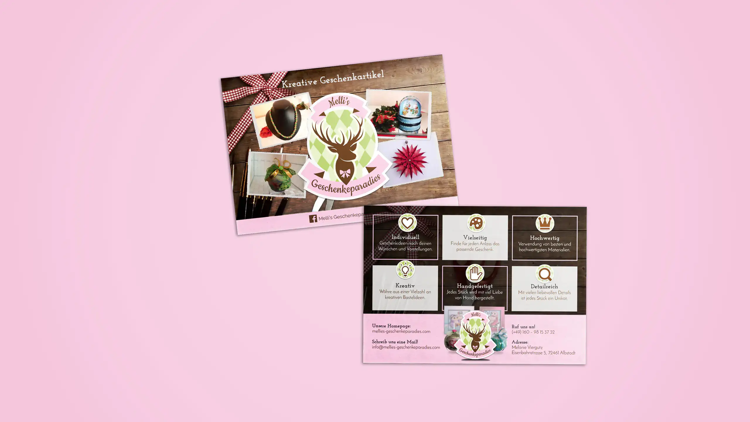 Flyer eines Onlineshops für Geschenkideen auf rosafarbenem HIntergrund