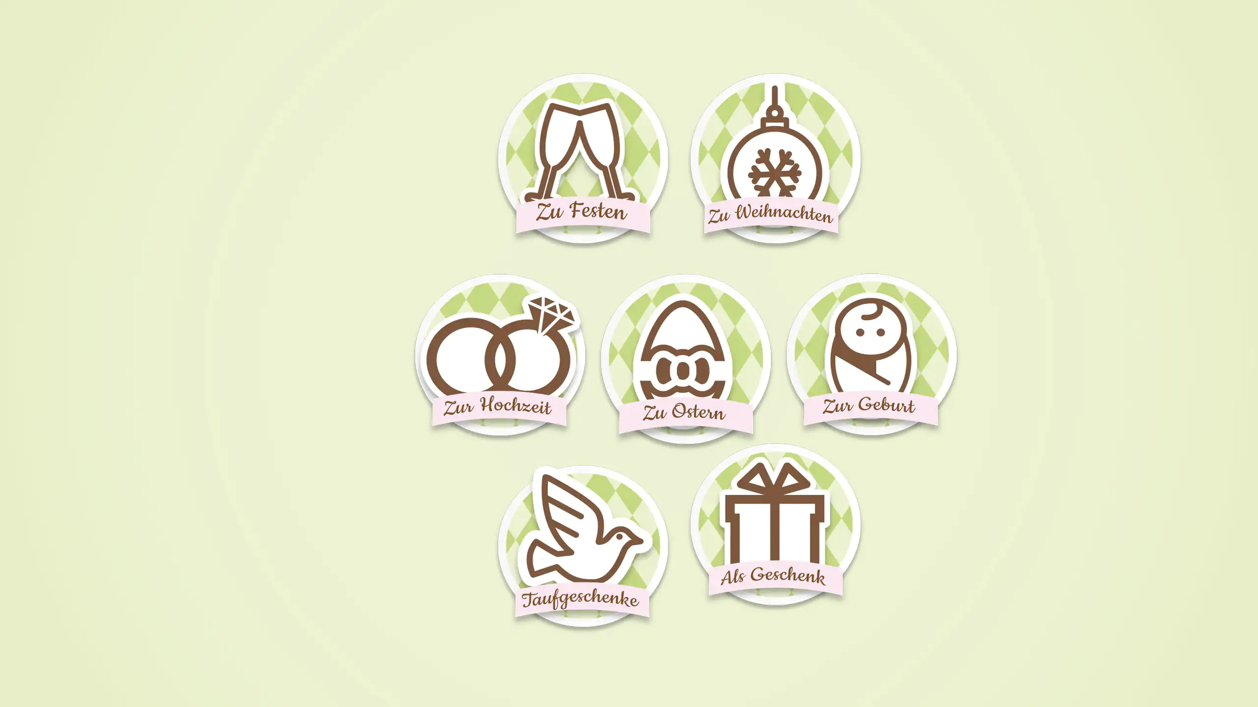 Grafiken eines Onlineshops für Geschenkideen auf hellgrünem Hintergrund