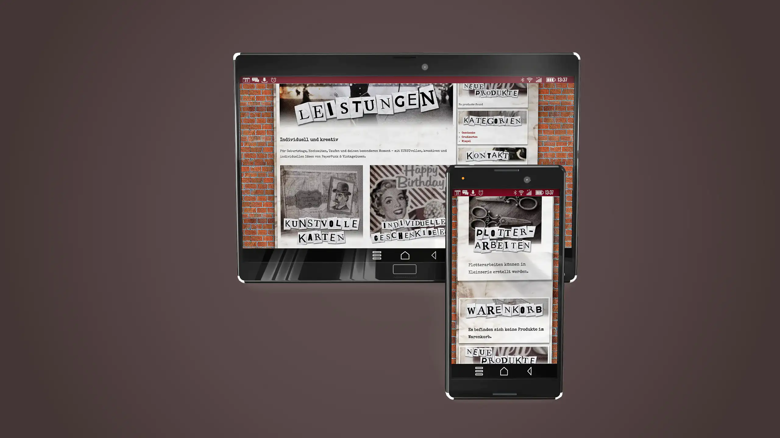 3D-Mockup eines Tablets sowie eines Smartphones, auf dem die Seite Paper Punk & Vintage Queen zu sehen ist, das Ganze ist au dunkelbraunem Hintergrund