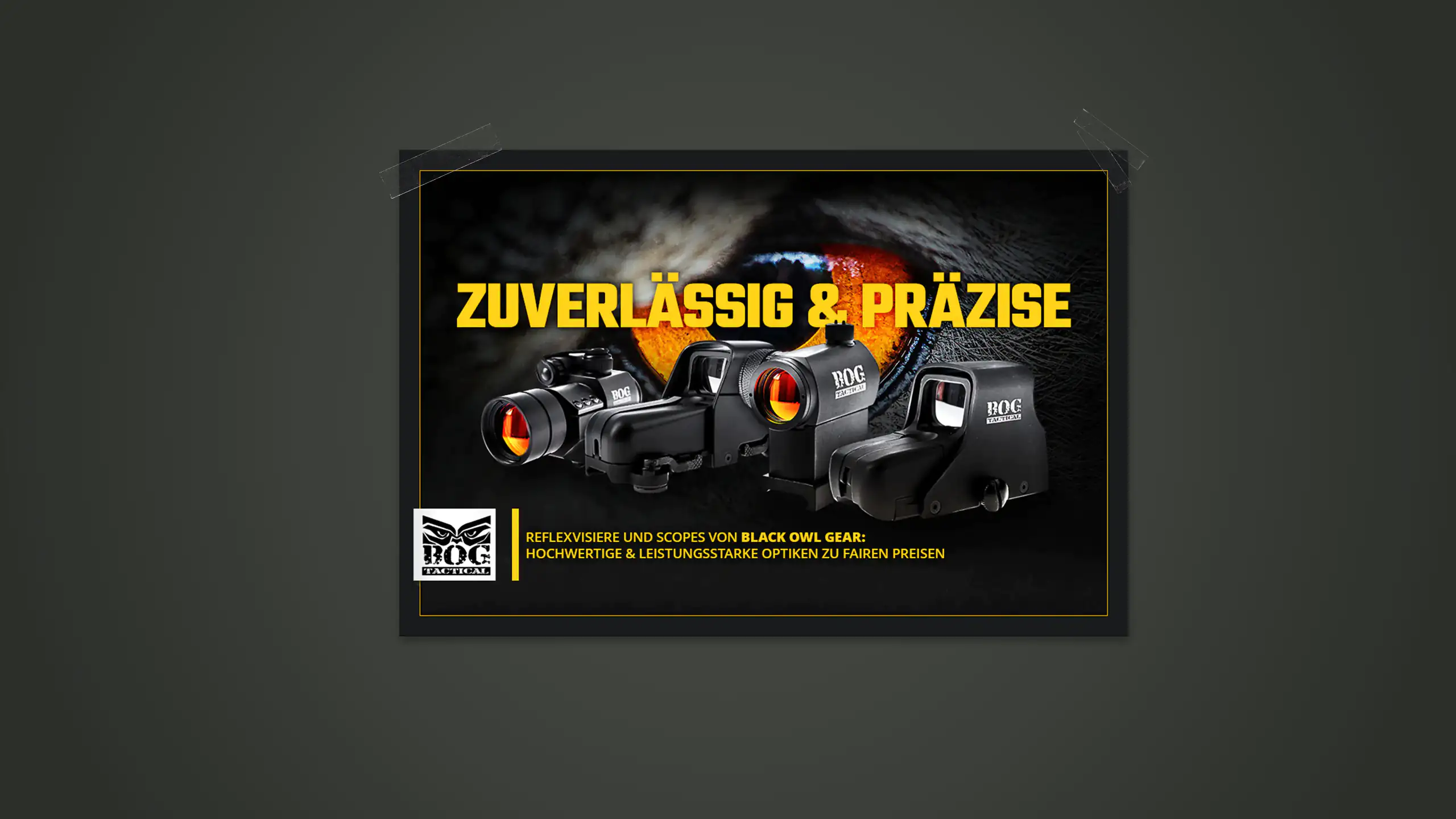 Anzeige des Unternehmens Sniper Sniper-Airsoft Supply GmbH mit dem Titel "Zuverlässig & präzise" mit unterschiedlichen Visieren. Das Ganze ist auf dunkelgrauem Hintergrund.