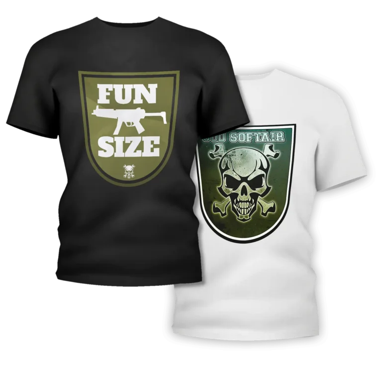 Mockup eines weißem und eines schwarzen Shirts mit Airsoft-Motiven. Auf einem ist eine Grafik einer MP5 mit dem Text "Fun Size" zu sehen, auf dem anderem, dem weißen, ist das Logo "SOD Softair" mit einem Totenkopf zu sehen.