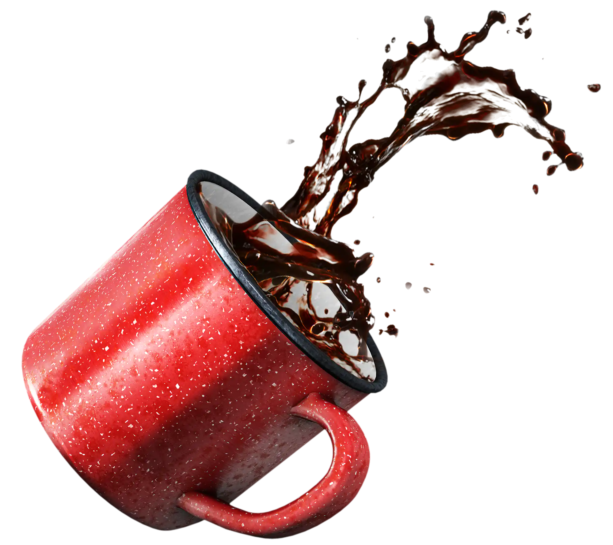 3D-Rendering einer roten Tasse mit Kaffe, der durch die Gegend schwappt