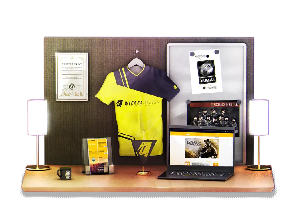 Schreibtisch mit Produkten für Vereine und Teams