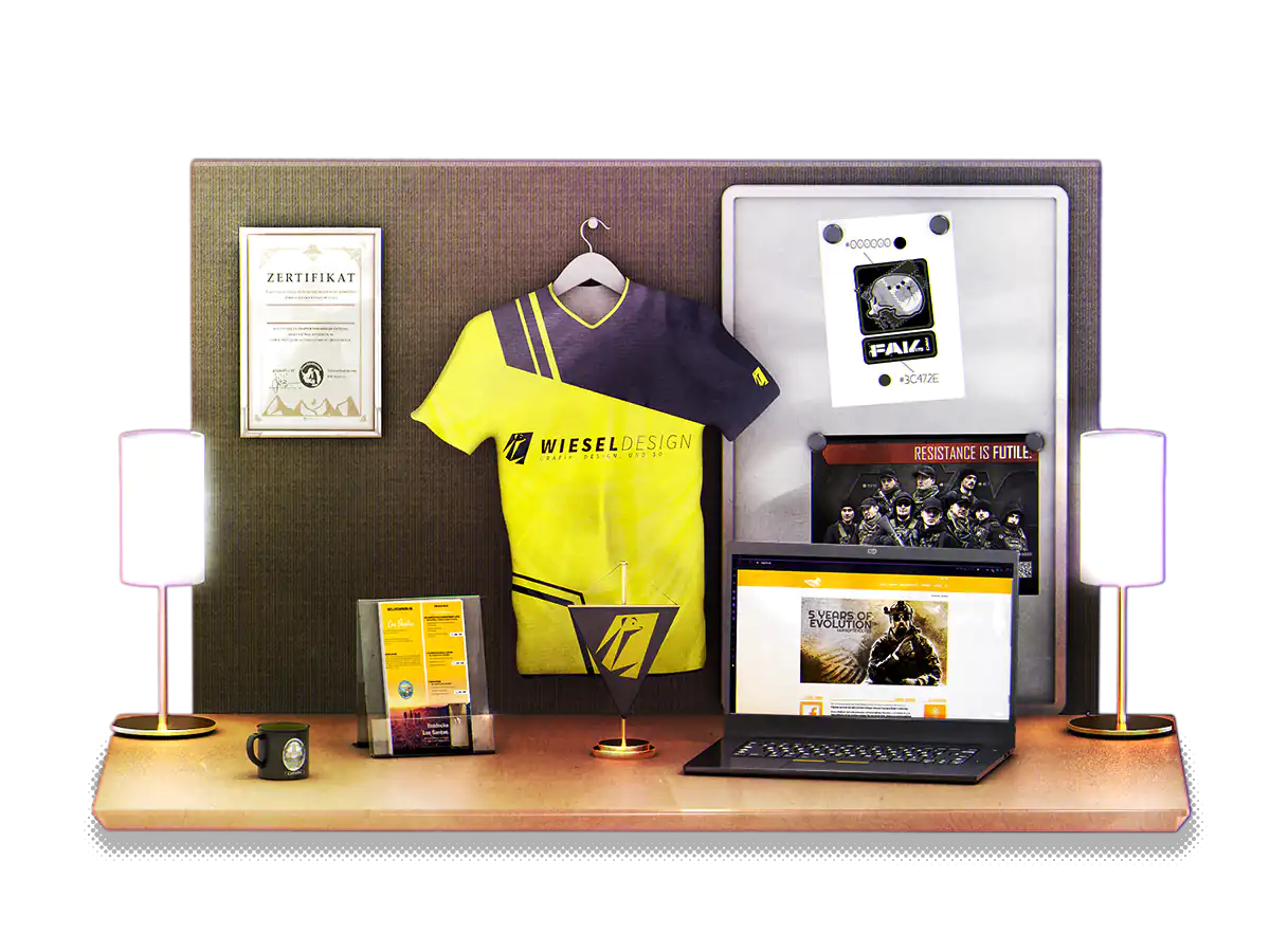 Schreibtisch mit Produkten für Vereine und Teams